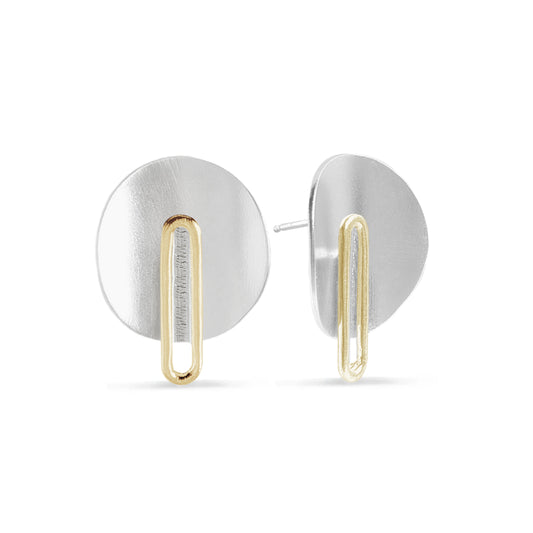 Silver disk studs with long 14k gold oval