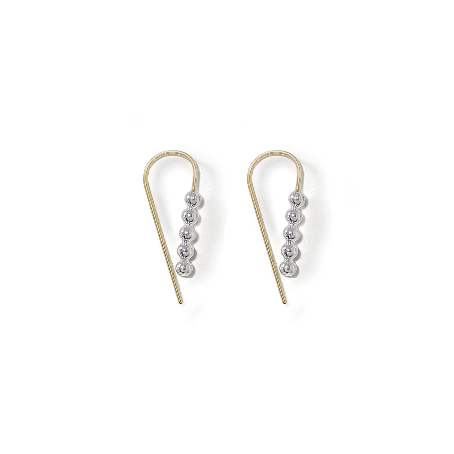 two-tone gold ear hook and silver beaded wire teardrop hoop earrings