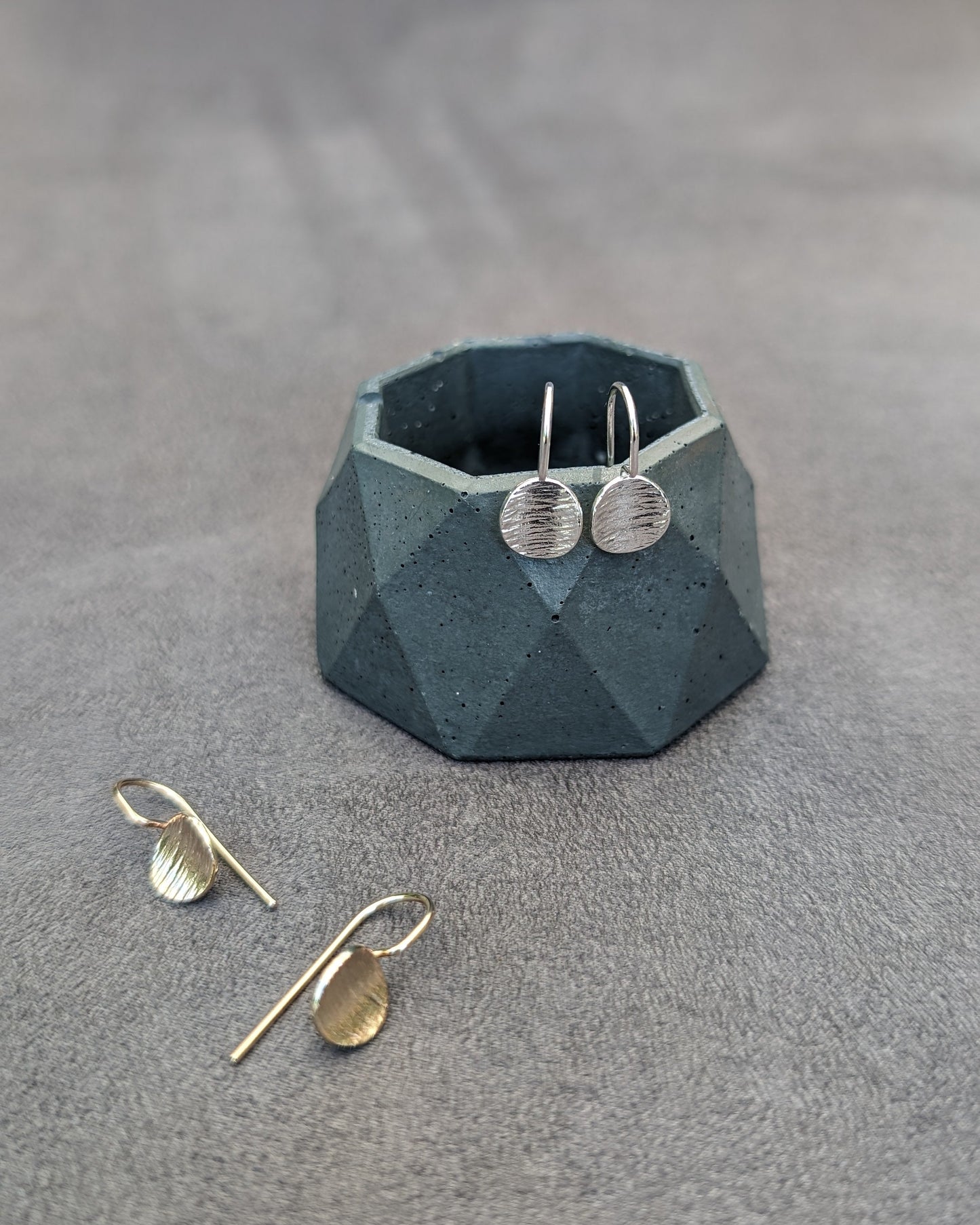14k Gold and Silver drop textured disk earrings