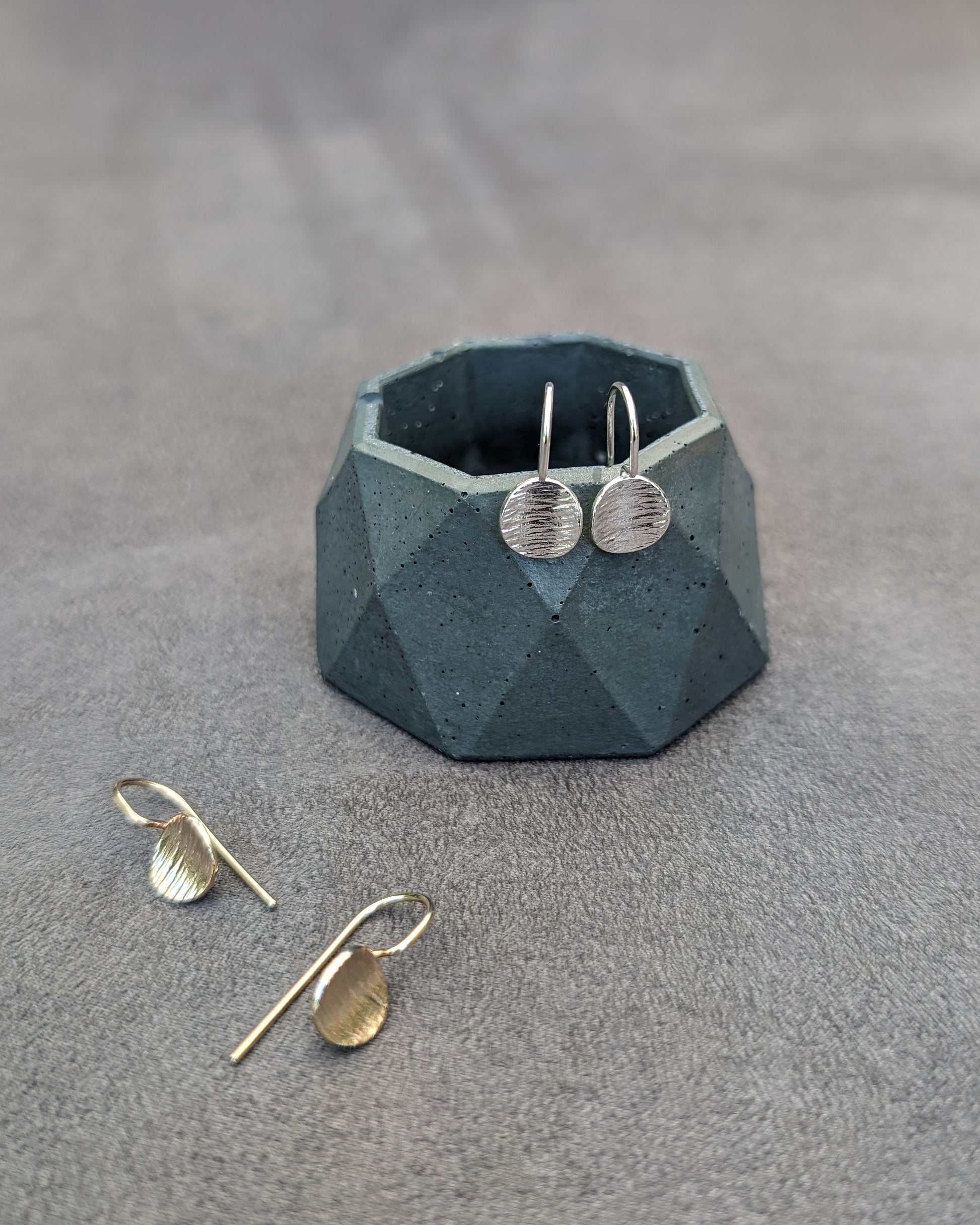 14k Gold and Silver drop textured disk earrings