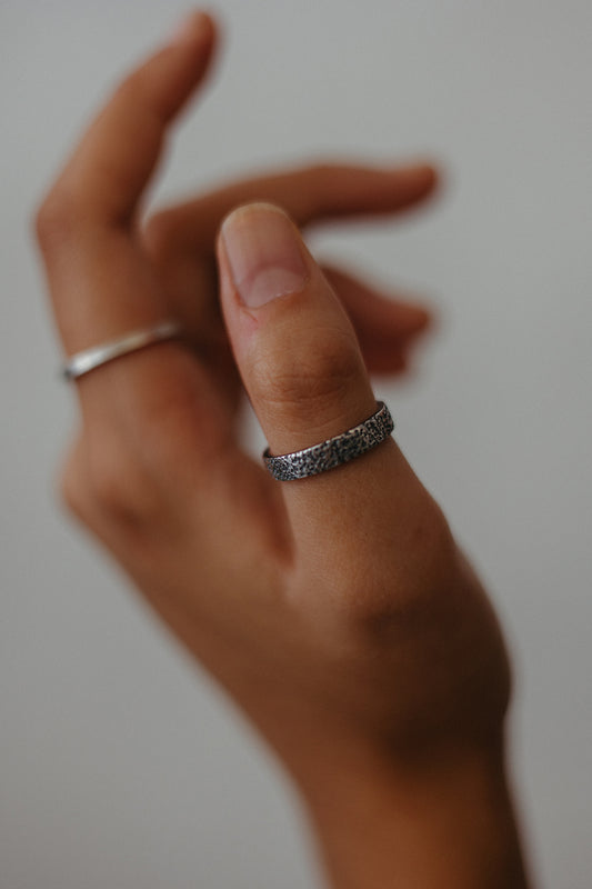 hammered silver band styled on model