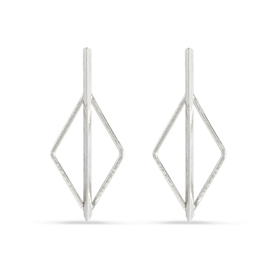 sterling silver diamond-shaped halo and bar post earrings
