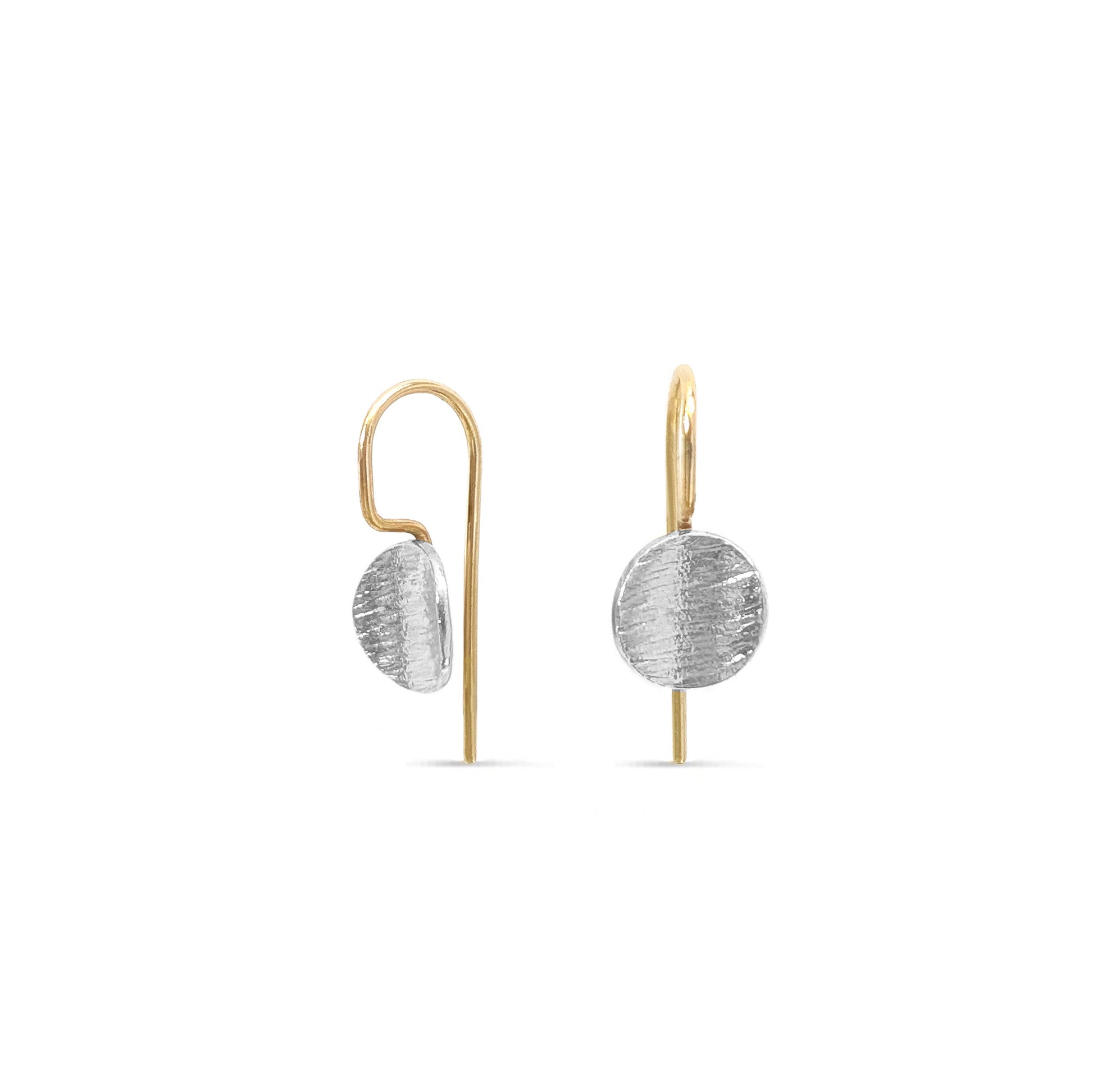 dainty textured silver disk earrings with 14k gold ear hooks