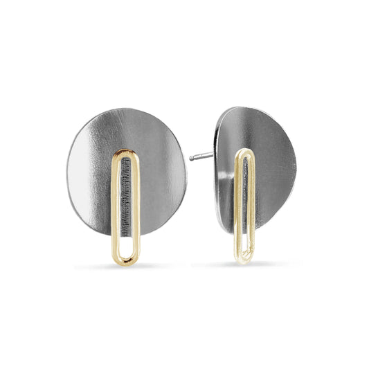Charcoal Silver disk studs with long 14k gold oval