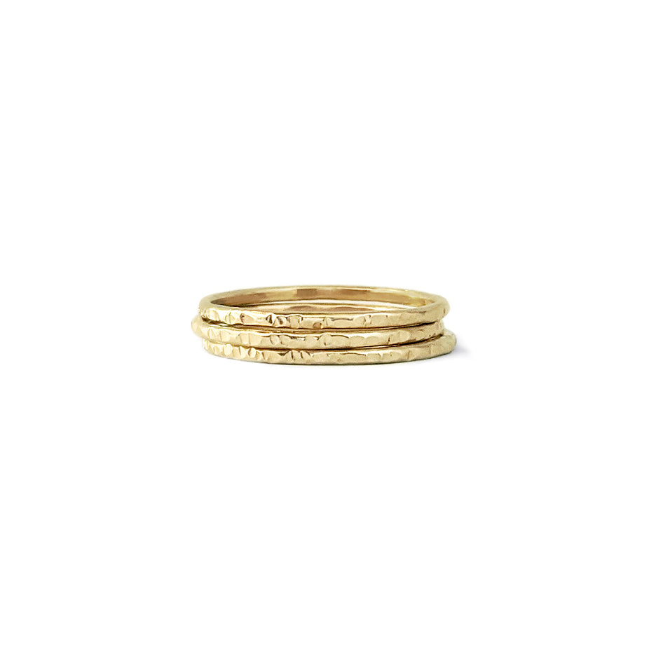 3, 14K gold hammered stackable ring bands