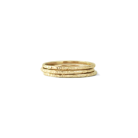 3, 14K gold hammered stackable ring bands