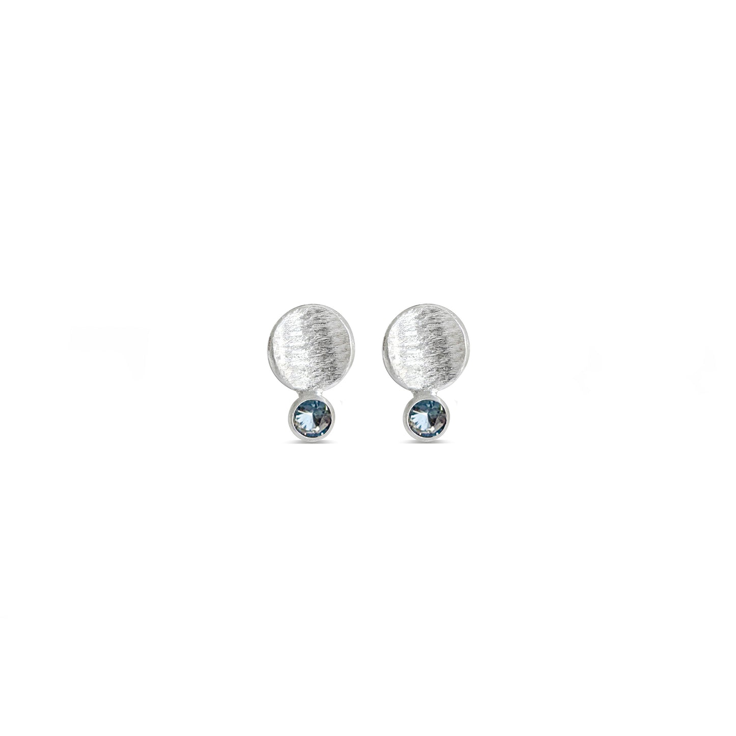 Small silver textured disk studs with blue sapphires