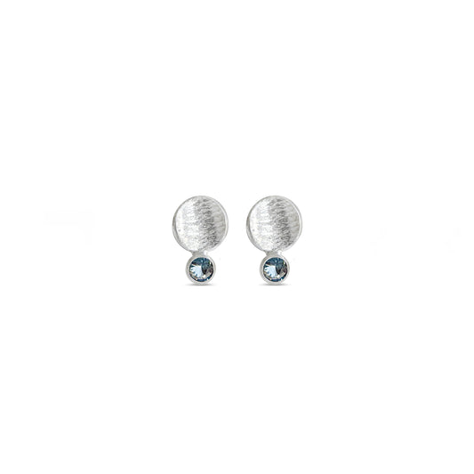 Small silver textured disk studs with blue sapphires