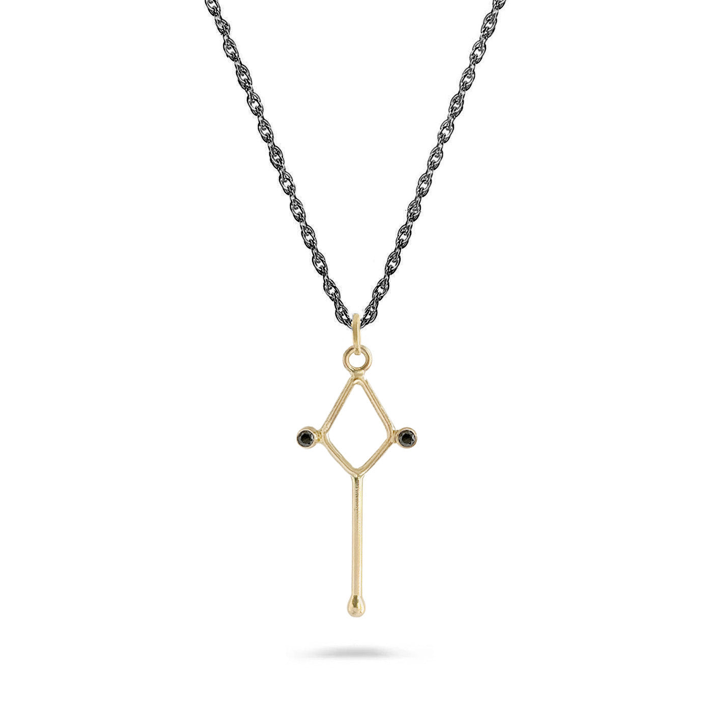 14k diamond-shaped charm with long bar drop and two black diamonds on charcoal chain
