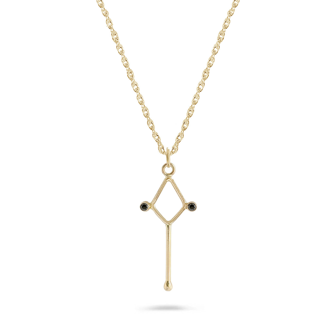 14k diamond-shaped charm with long bar drop and two black diamonds on gold chain