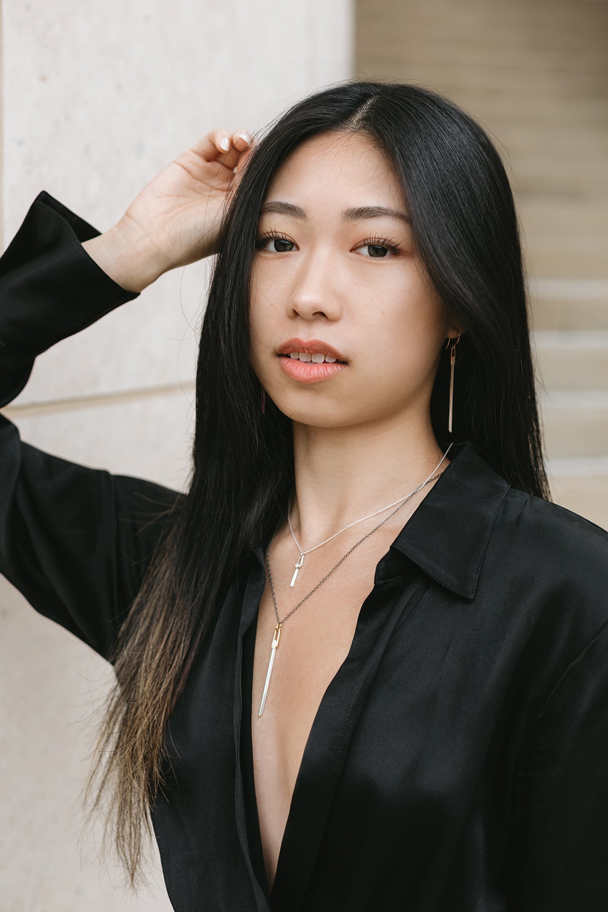 silver and gold knife-edge bar pendant necklace styled on model
