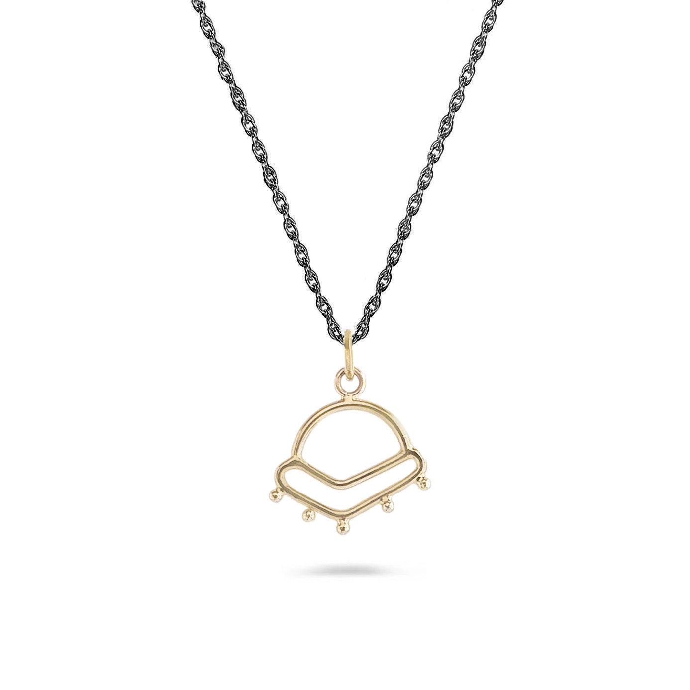14K gold sunrise-inspired charm on charcoal chain