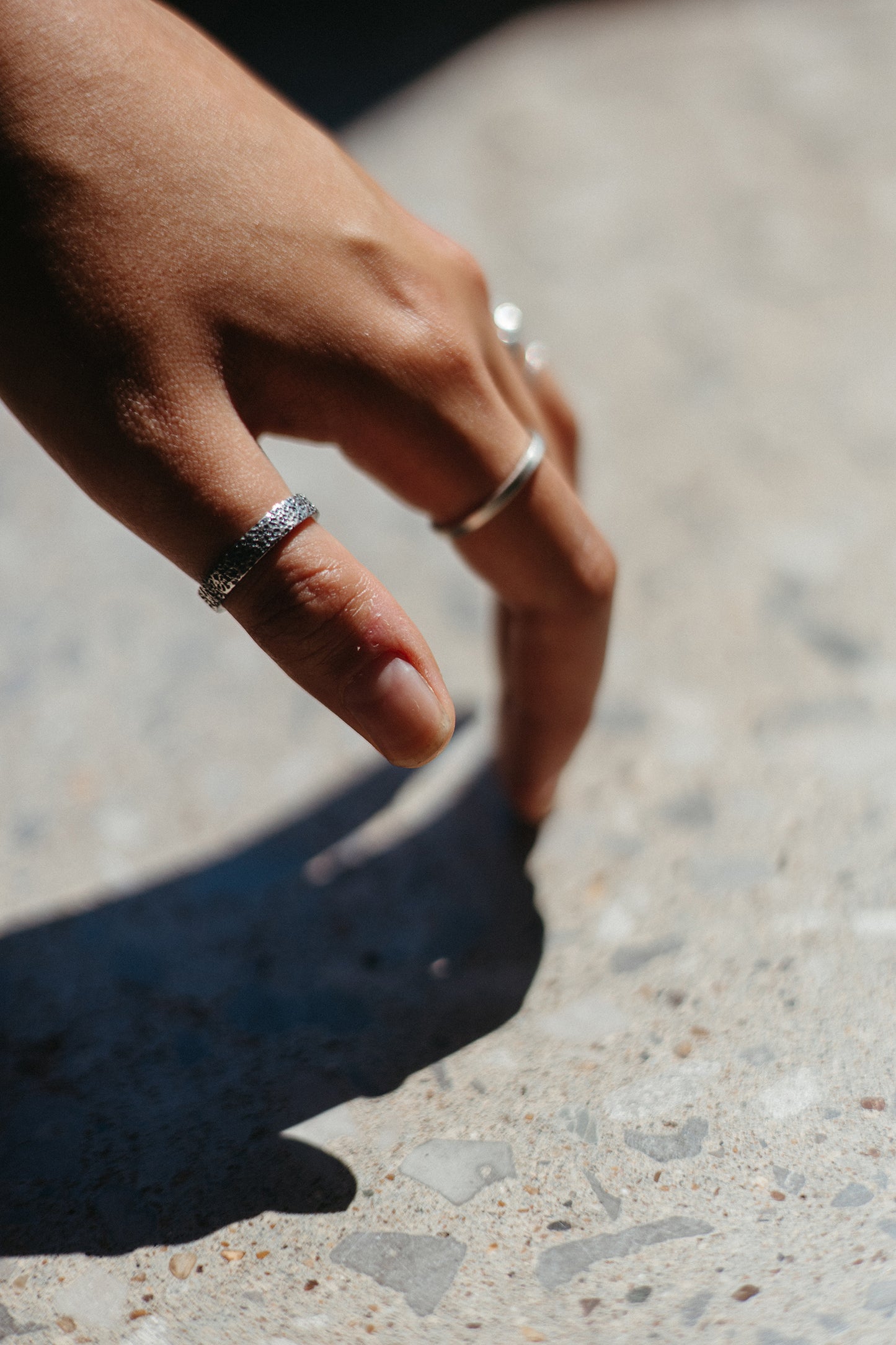 hammered silver band on model
