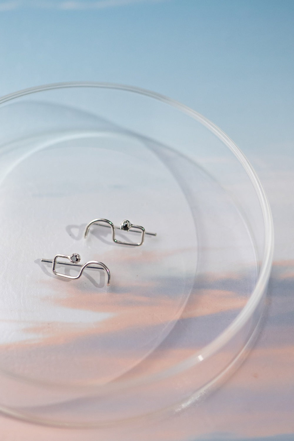 Dainty ear climber earrings with black diamonds in silver