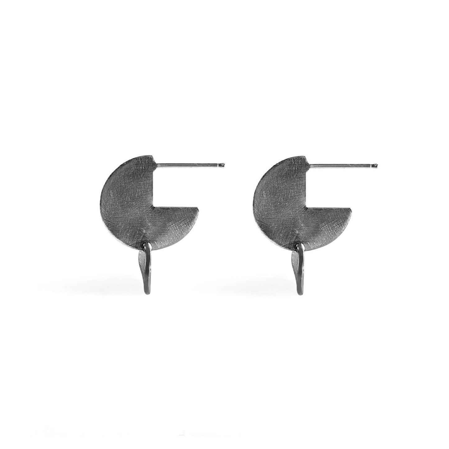 Textured charcoal drop disk stud earring side view