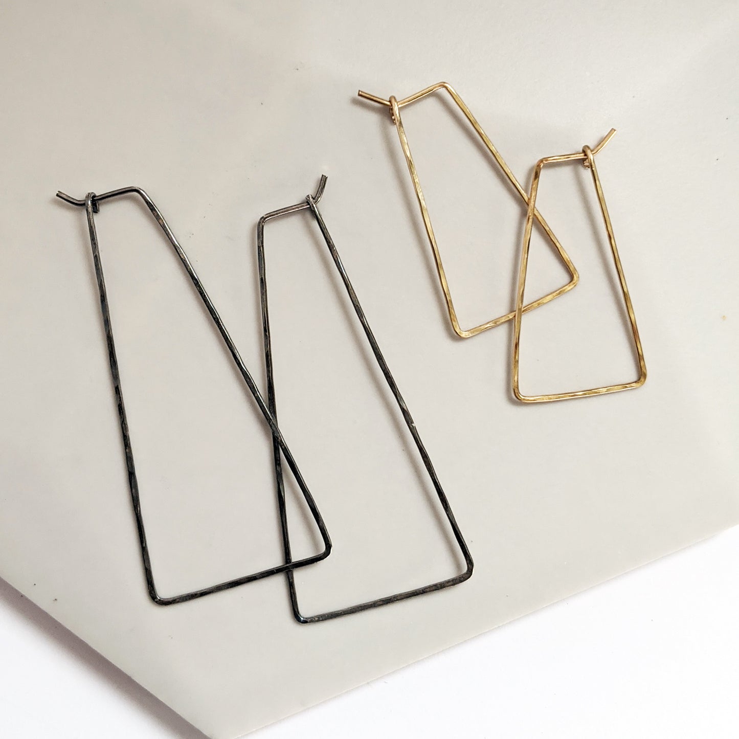 Black and gold triangle delicate wire hoop earrings