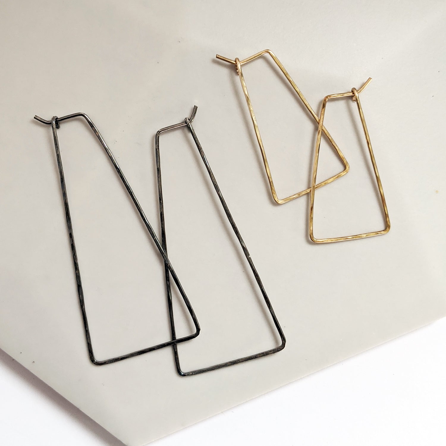 Black and gold triangle delicate wire hoop earrings