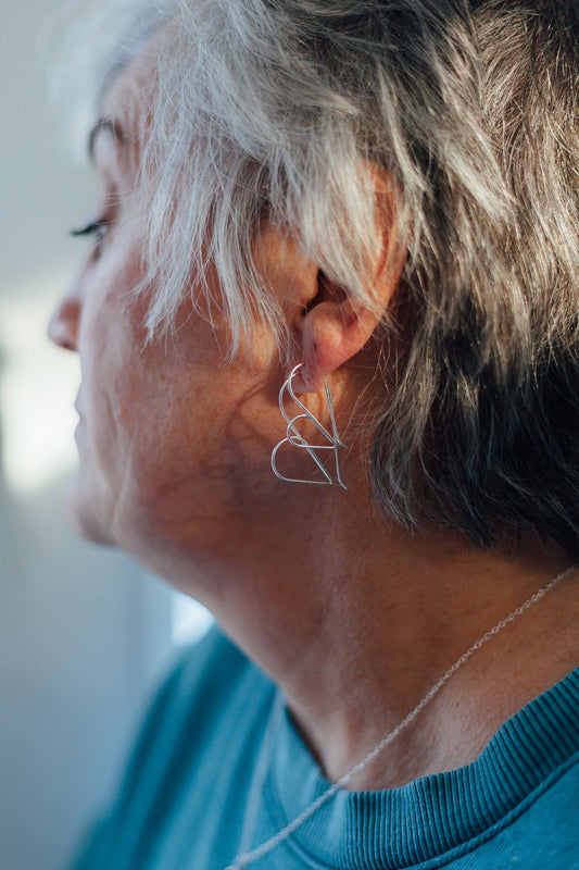silver Heart shaped threader hoop earring stack