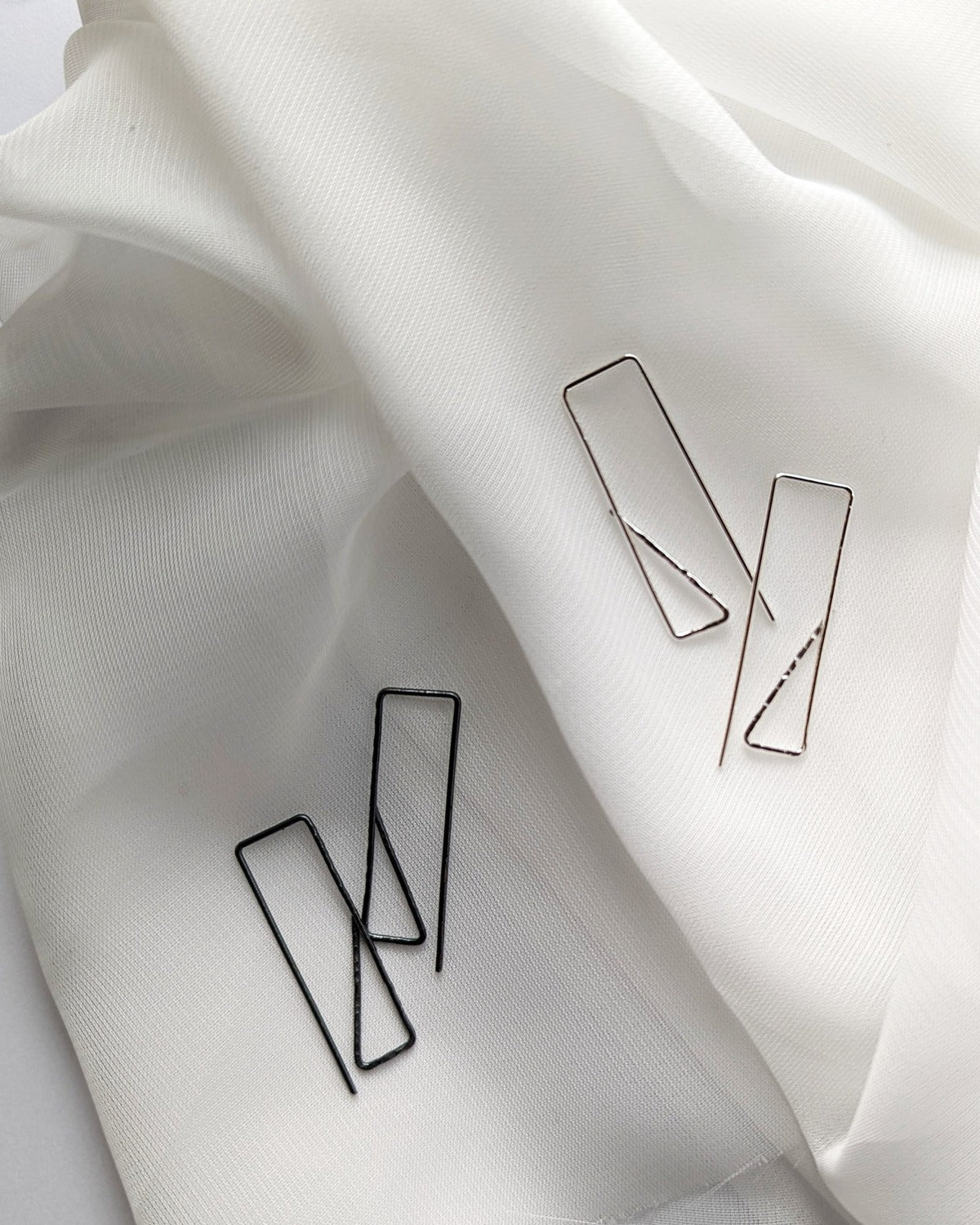 Charcoal and silver triangle and rectangle hoop earrings