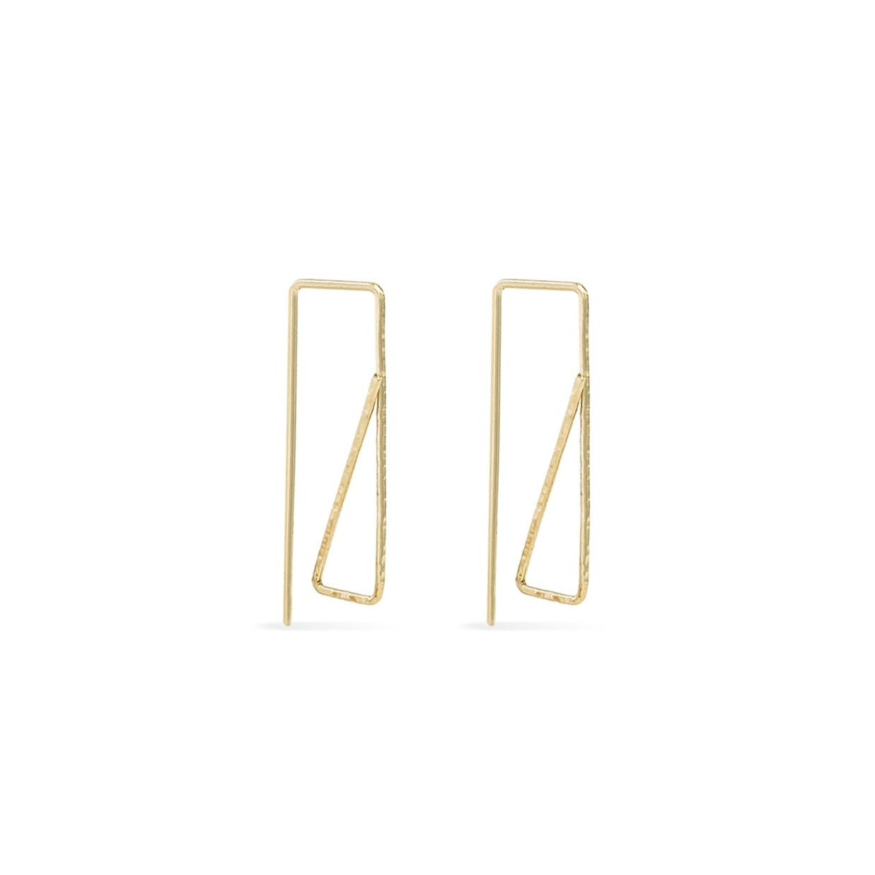 Gold hammered rectangular wire hoop earrings with triangle detail