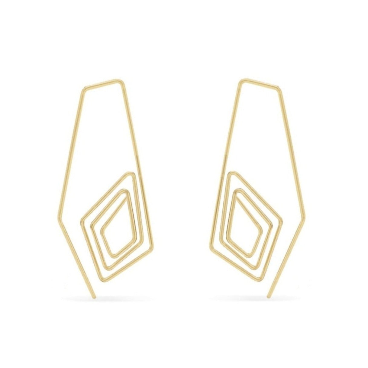 Long drop diamond spiral wire hoop earrings in gold