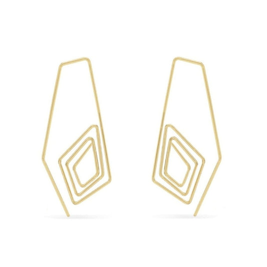 Long drop diamond spiral wire hoop earrings in gold