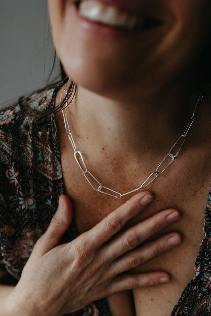 Silver paper clip chain link necklace styled on model