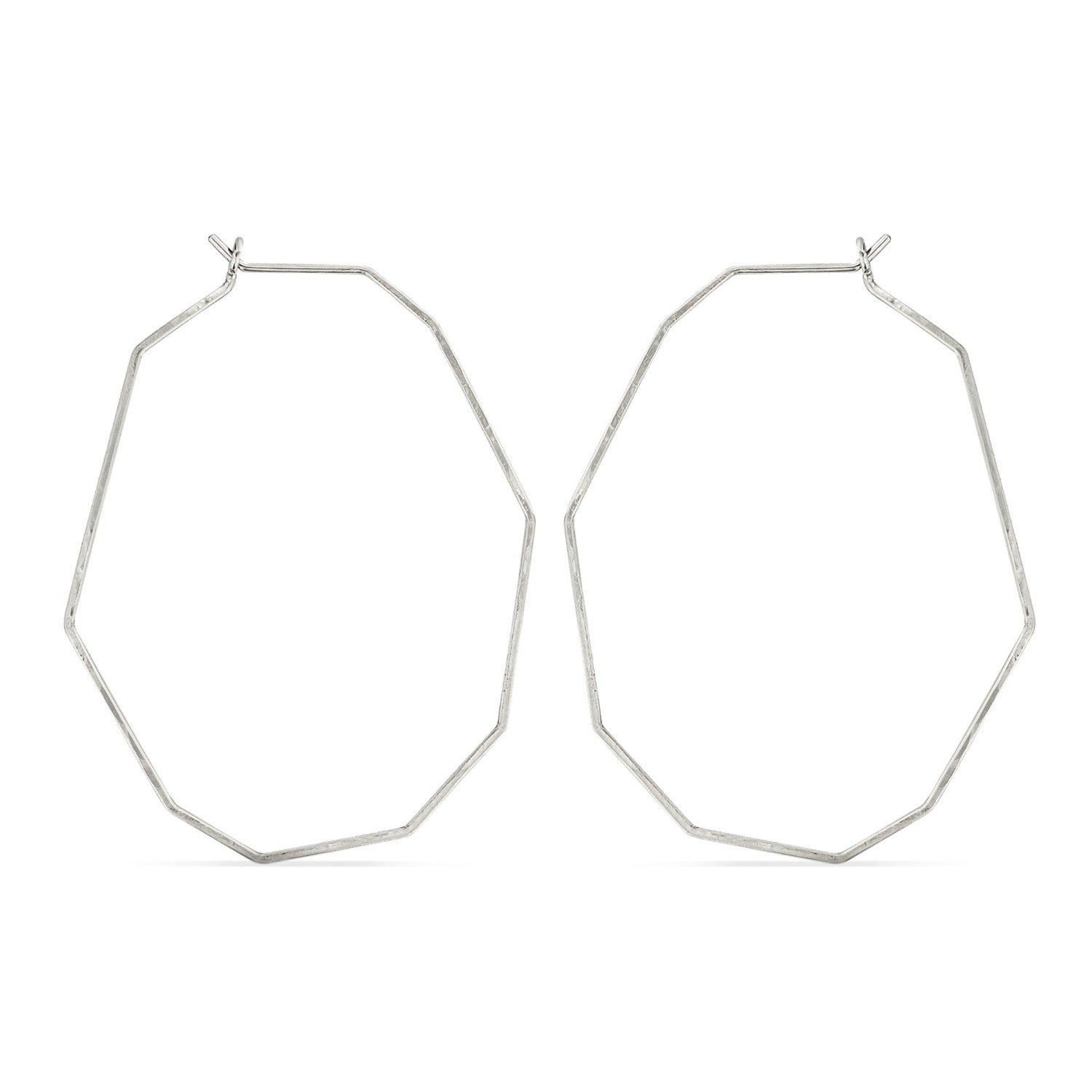 Hammered silver oval-shaped decagon hoop earrings