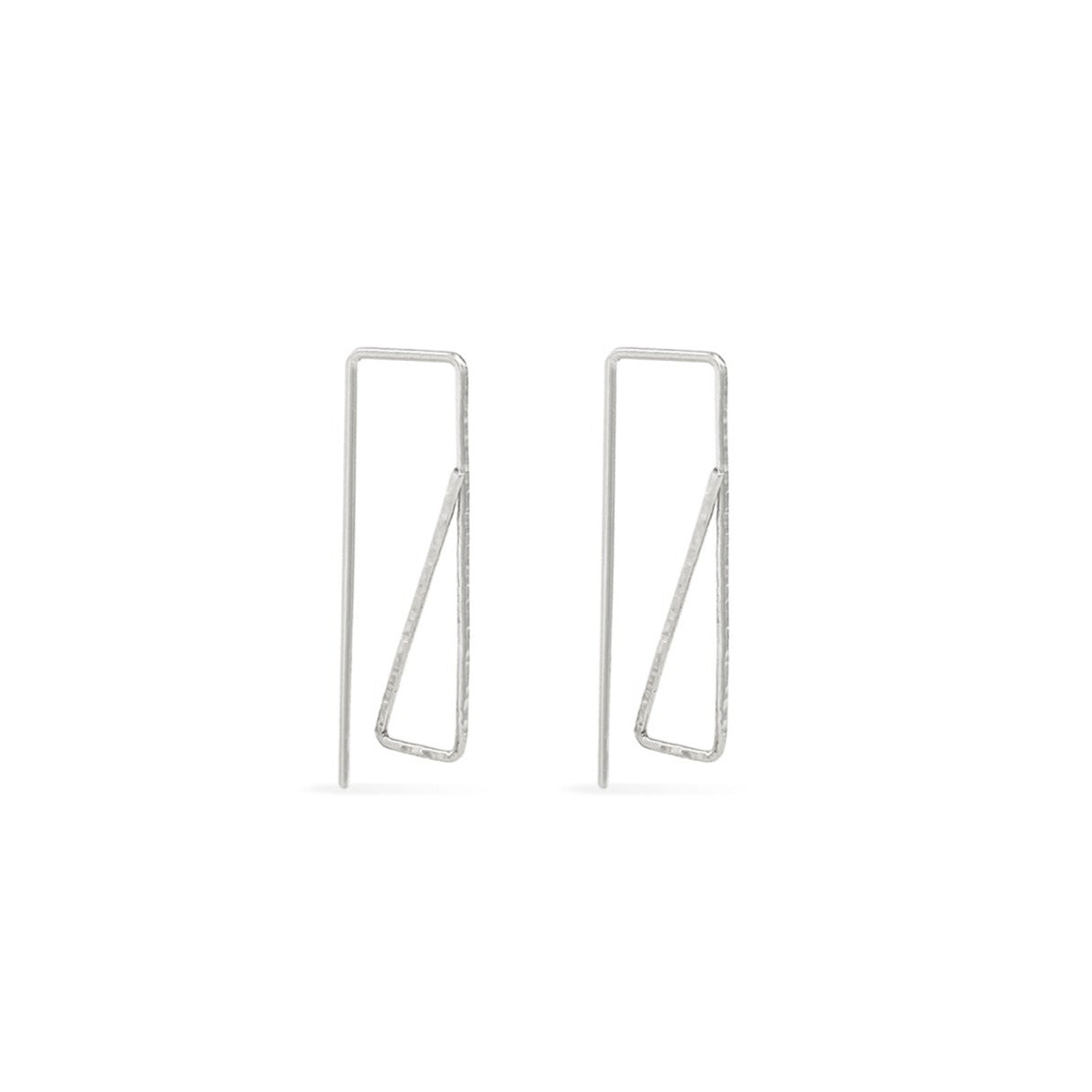 Silver hammered rectangular wire hoop earrings with triangle detail