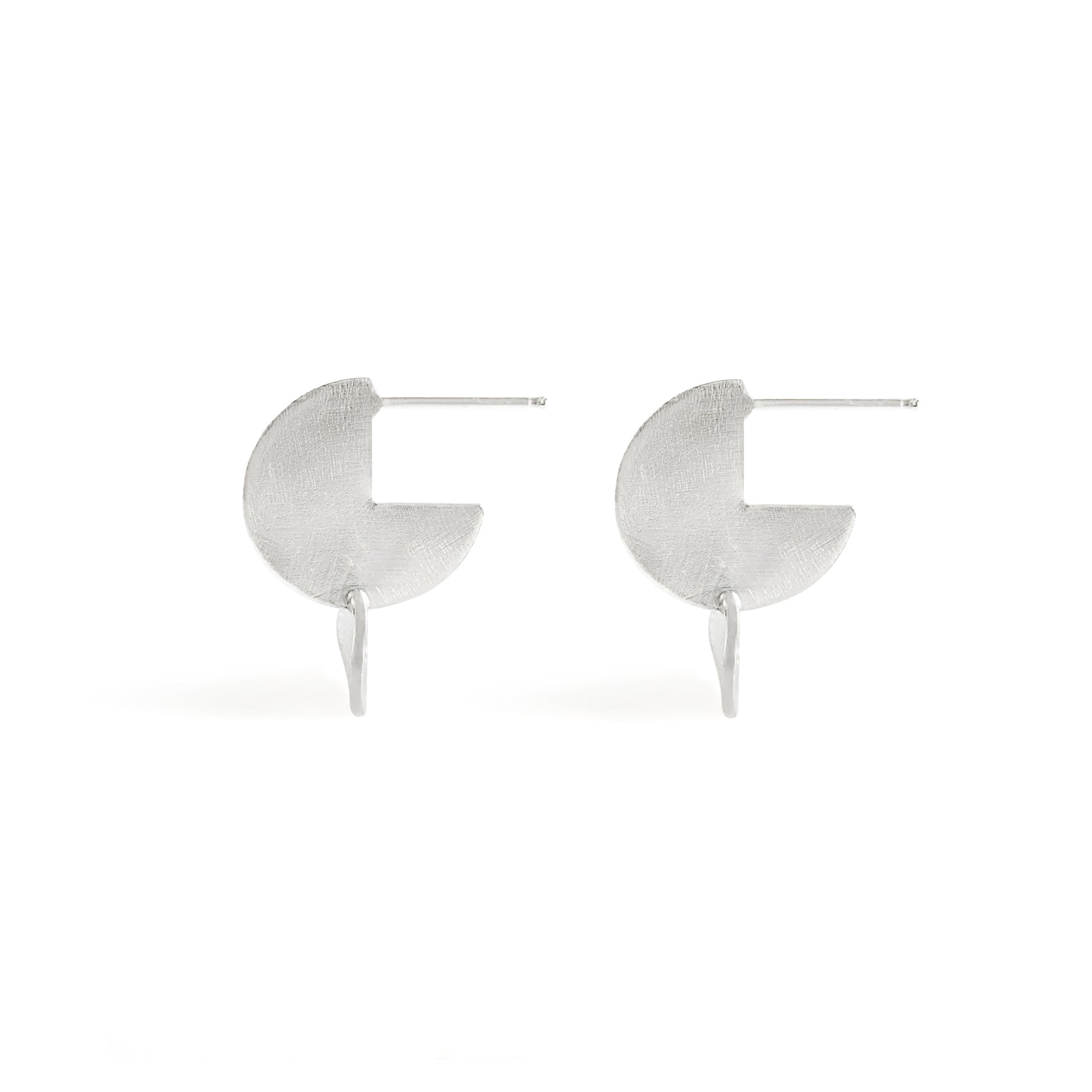 Textured silver drop disk stud earring side view
