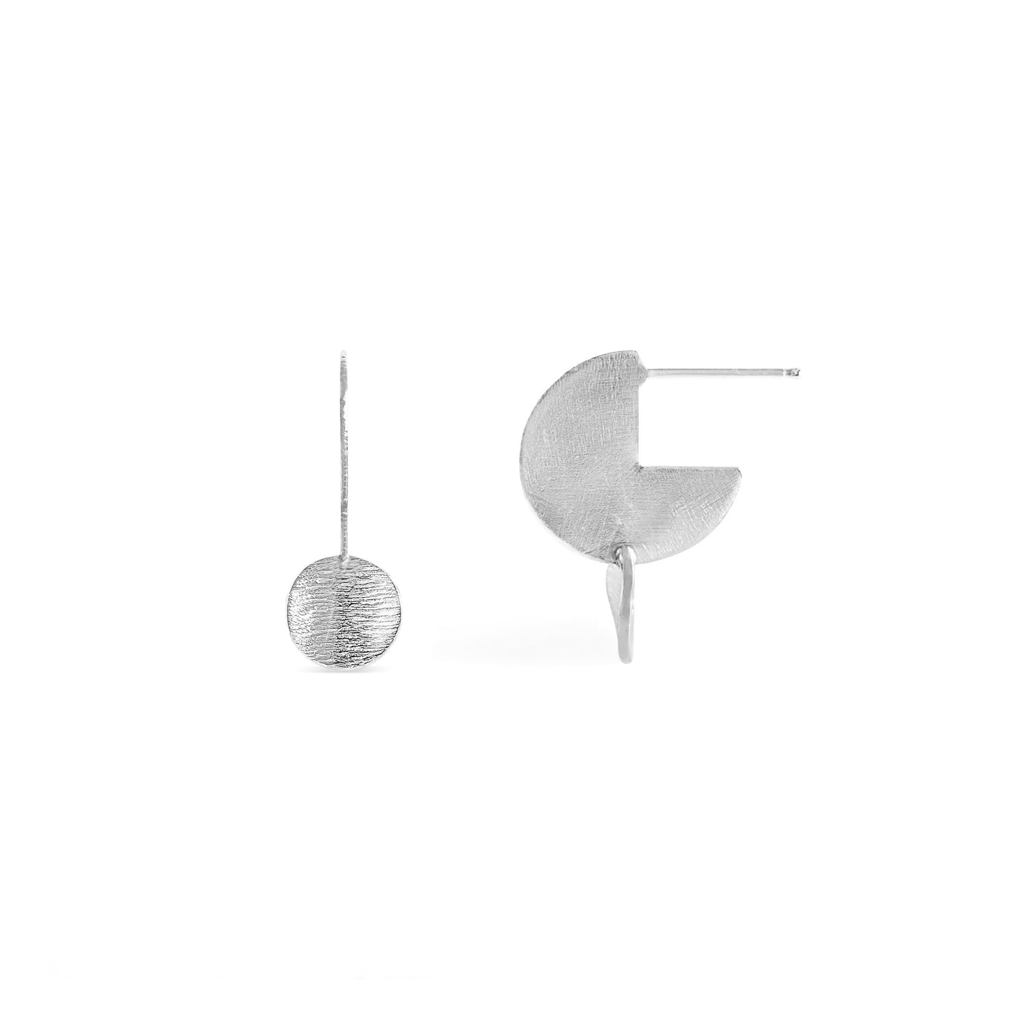 Textured silver drop disk stud earring
