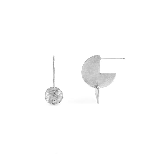 Textured silver drop disk stud earring