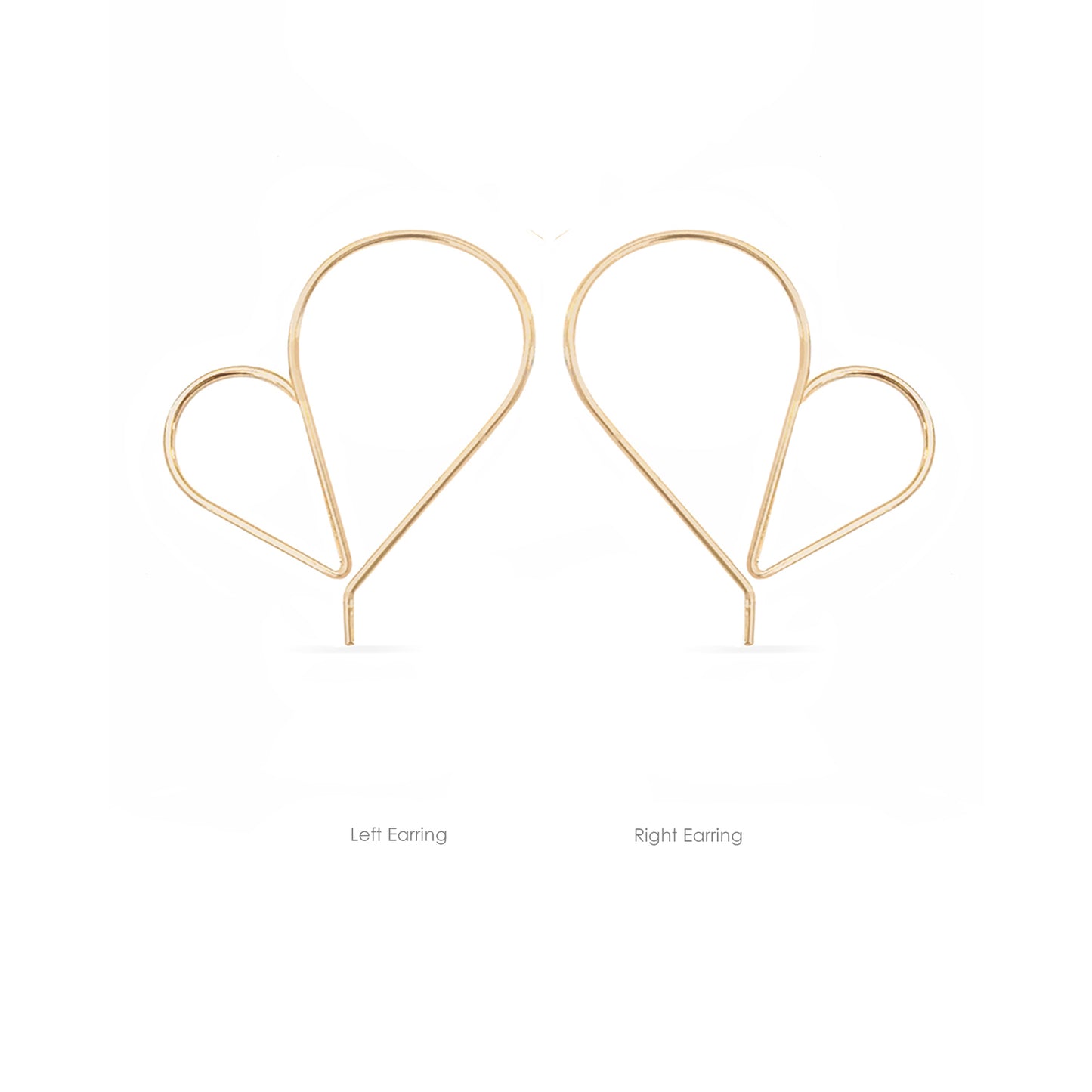 left and right rose gold heart threader hoop earrings