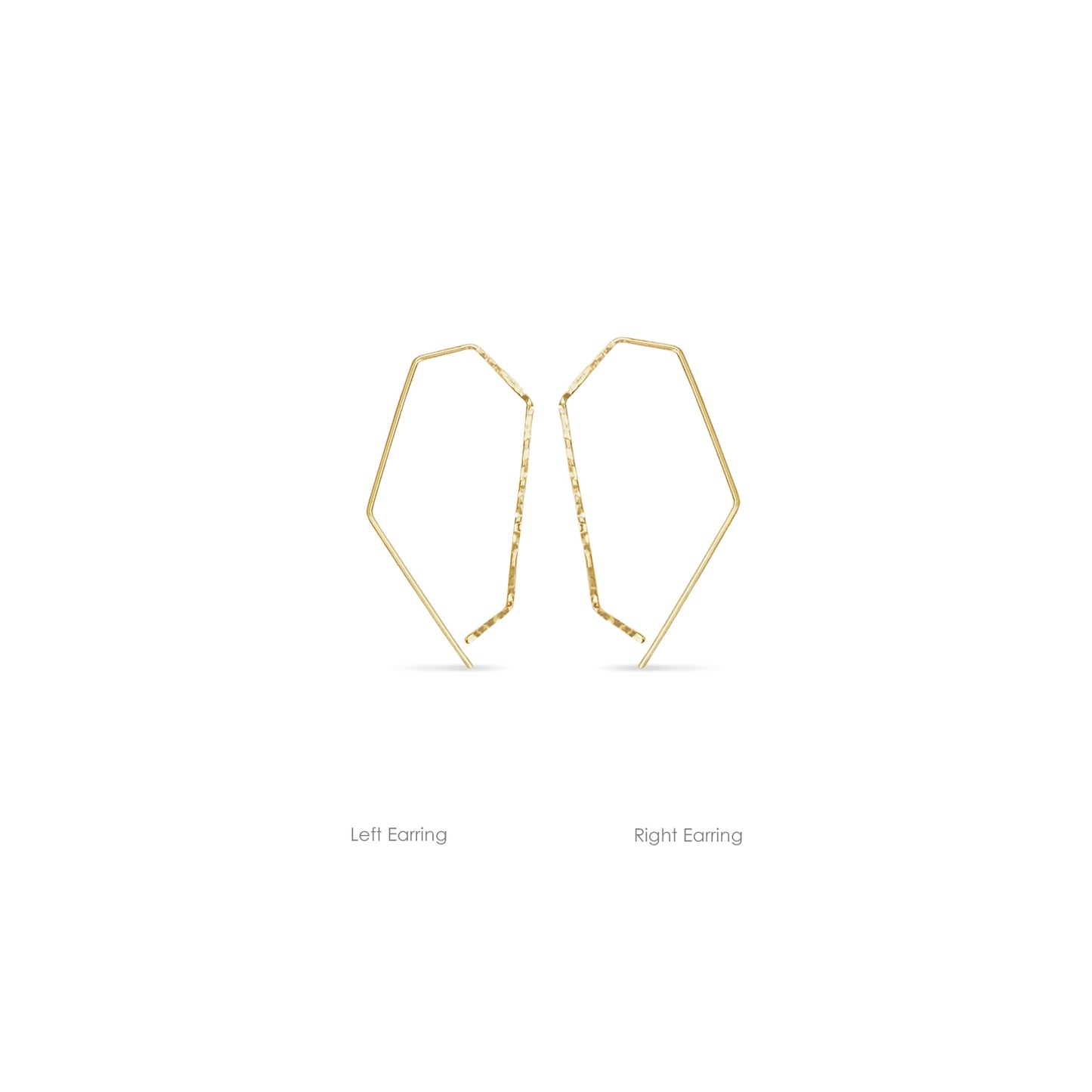 left and right 14k gold hexagonal textured hoop earrings