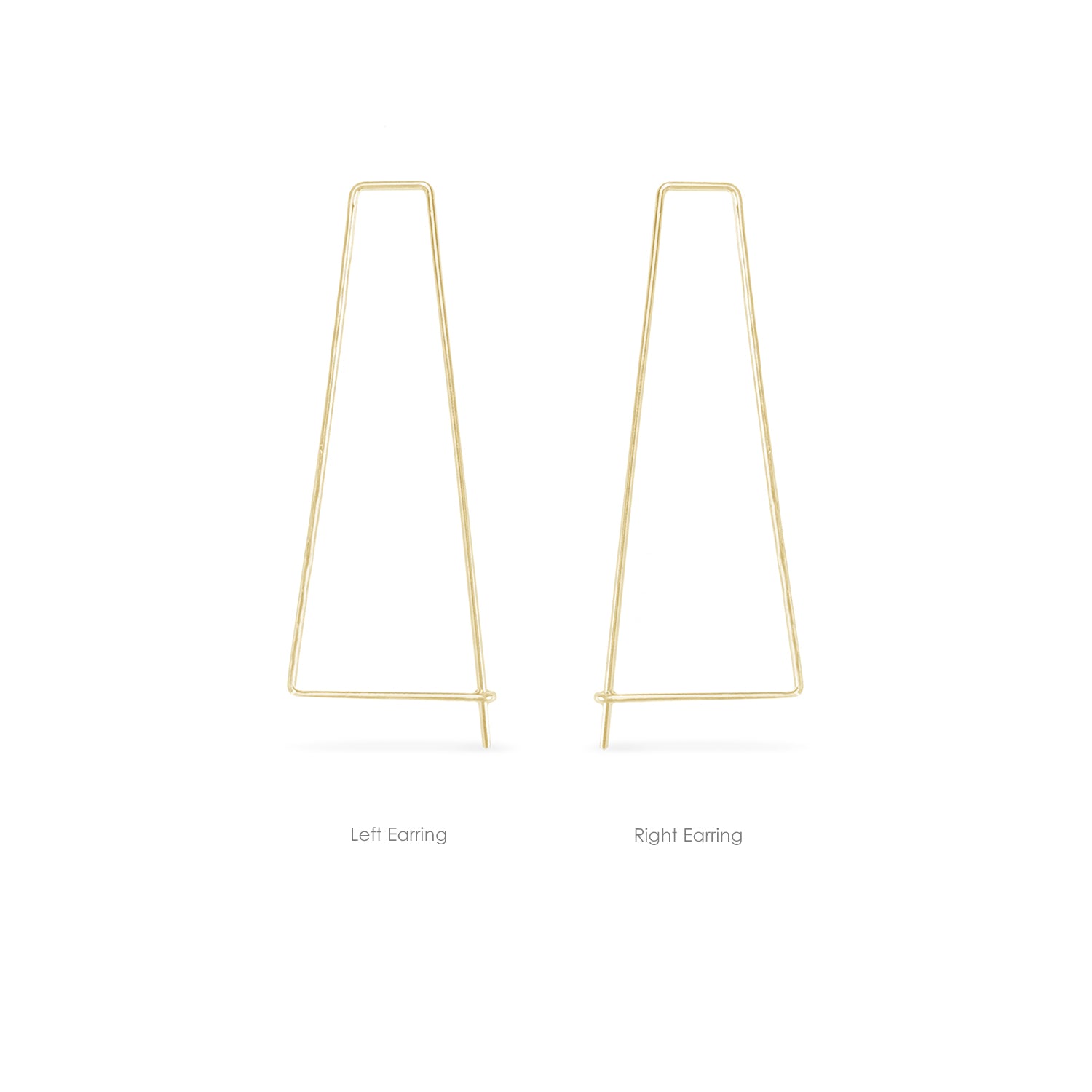left and right elongated hammered trapezoid pull-through hoops in gold