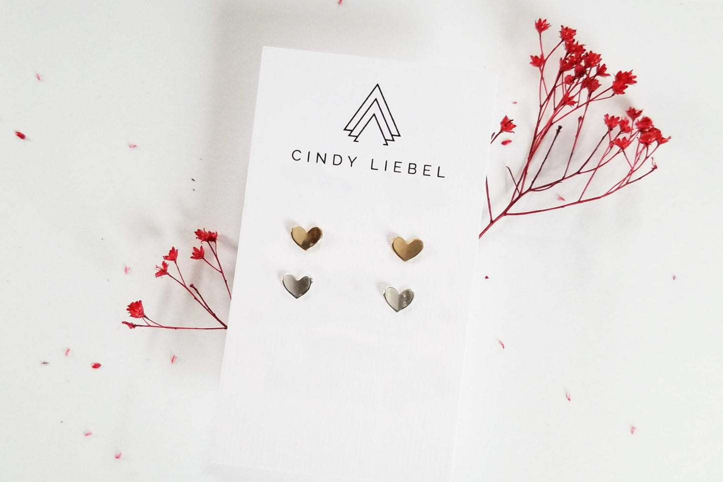 14K gold and silver heart stud earrings