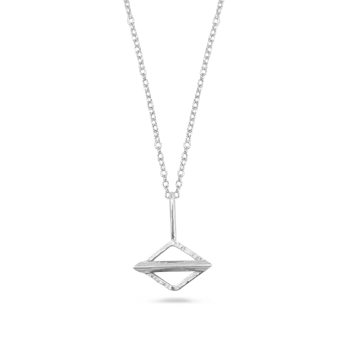 A silver geometric pendant necklace featuring a diamond-shaped suspended from cable chain, against a white background.