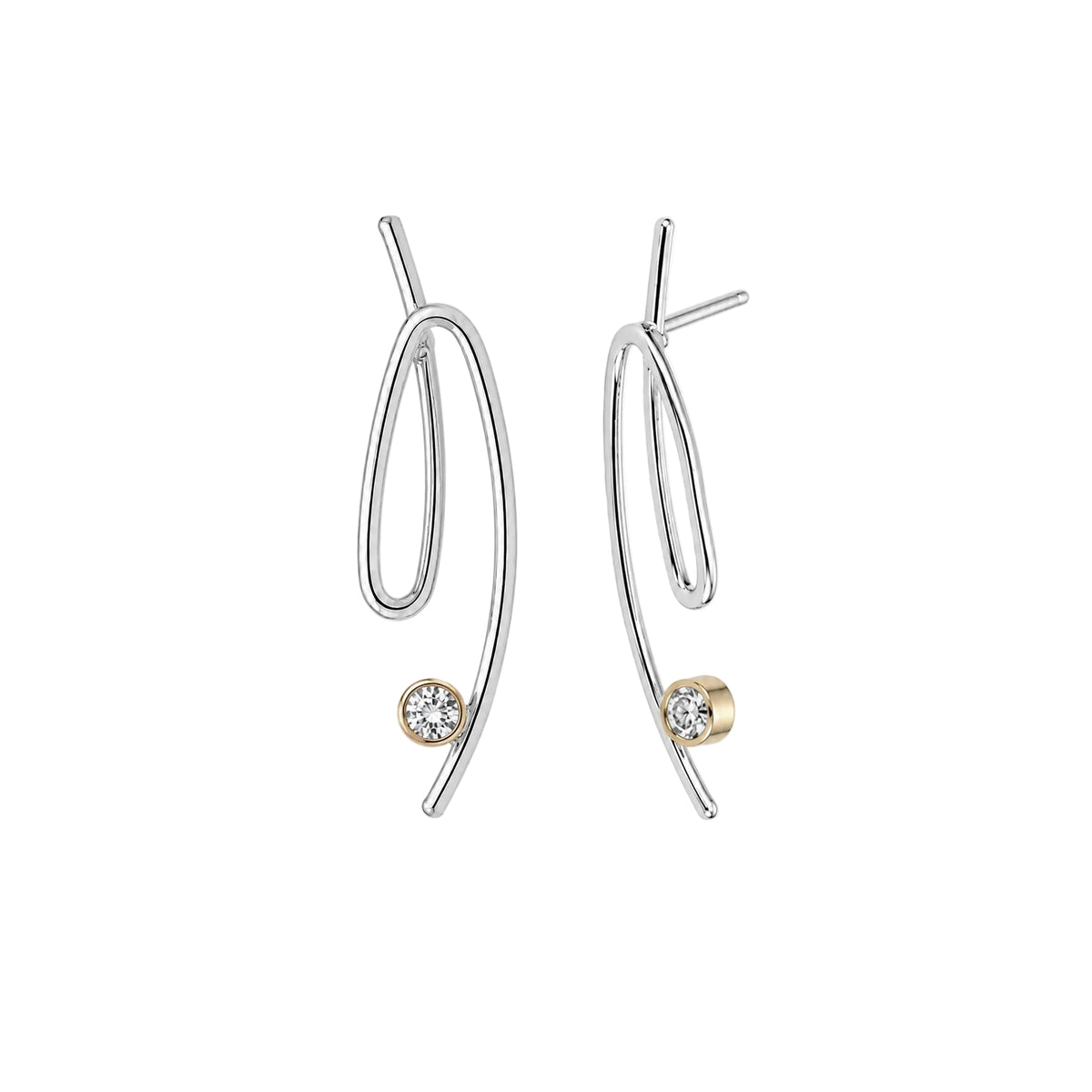 A pair of modern abstract drop earrings in polished silver-tone metal with a small round gold bezel-set clear gemstone at the bottom of each earring, shown on a plain white background.