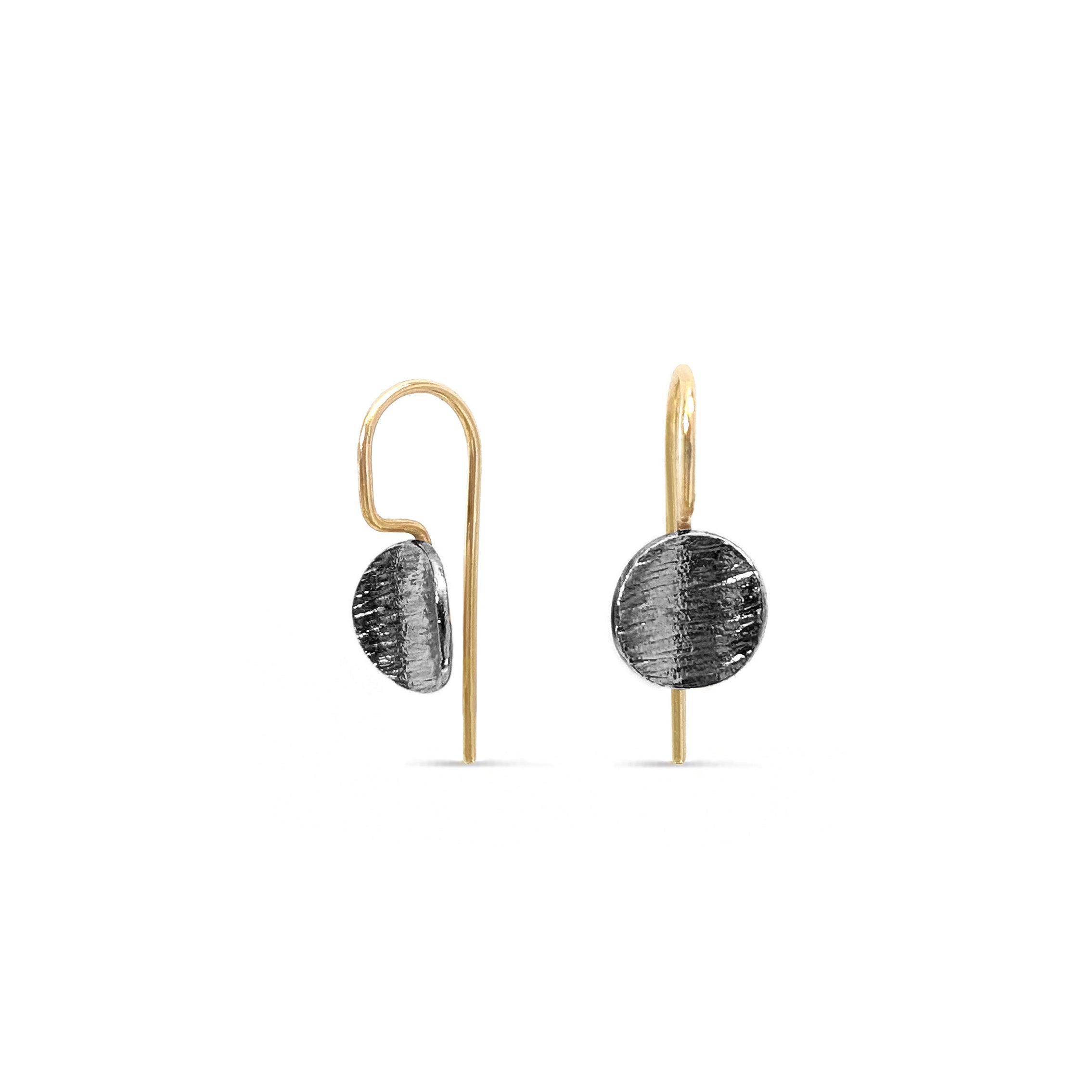 dainty textured charcoal silver disk earrings with 14k gold ear hooks