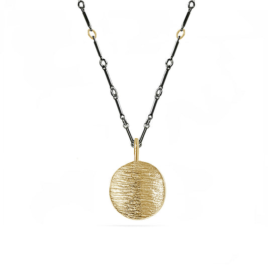 gold linen disc charm with black bar link chain
