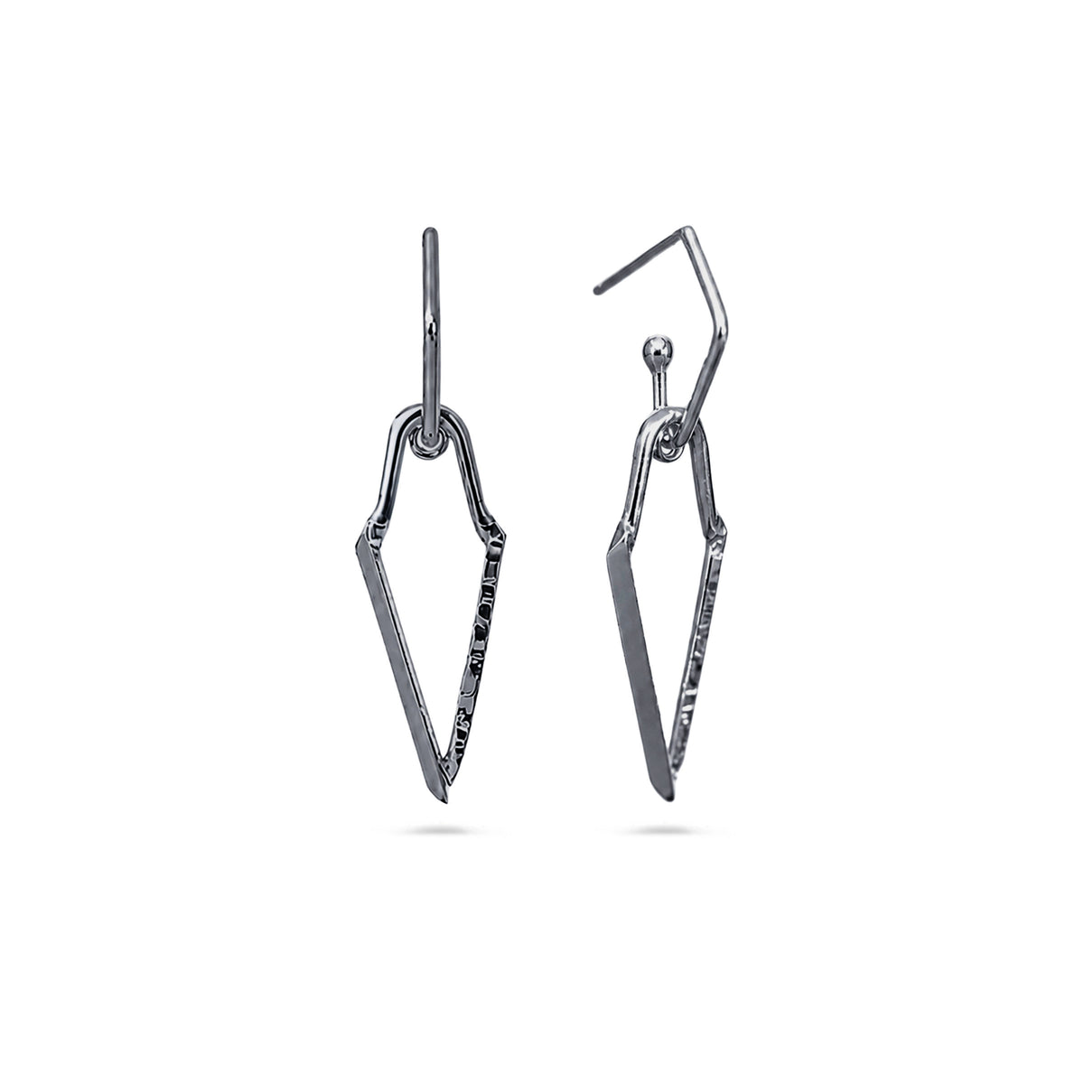 A pair of silver-toned geometric drop earrings with a textured, hammered finish, shown against a plain white background.