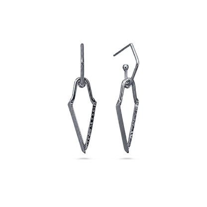 A pair of silver-toned geometric drop earrings with a textured, hammered finish, shown against a plain white background.