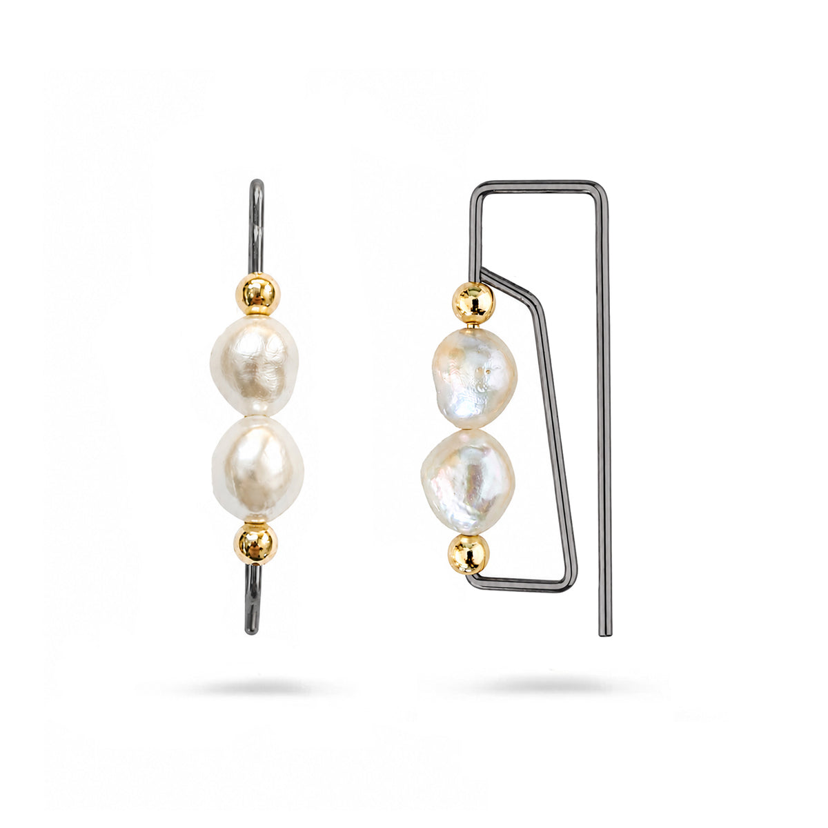 A pair of black rectangle hoops with gold beads and two baroque pearls on white background/