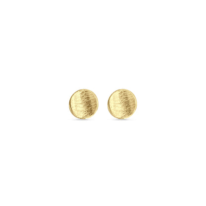 Pair of gold textured stud earrings on white background