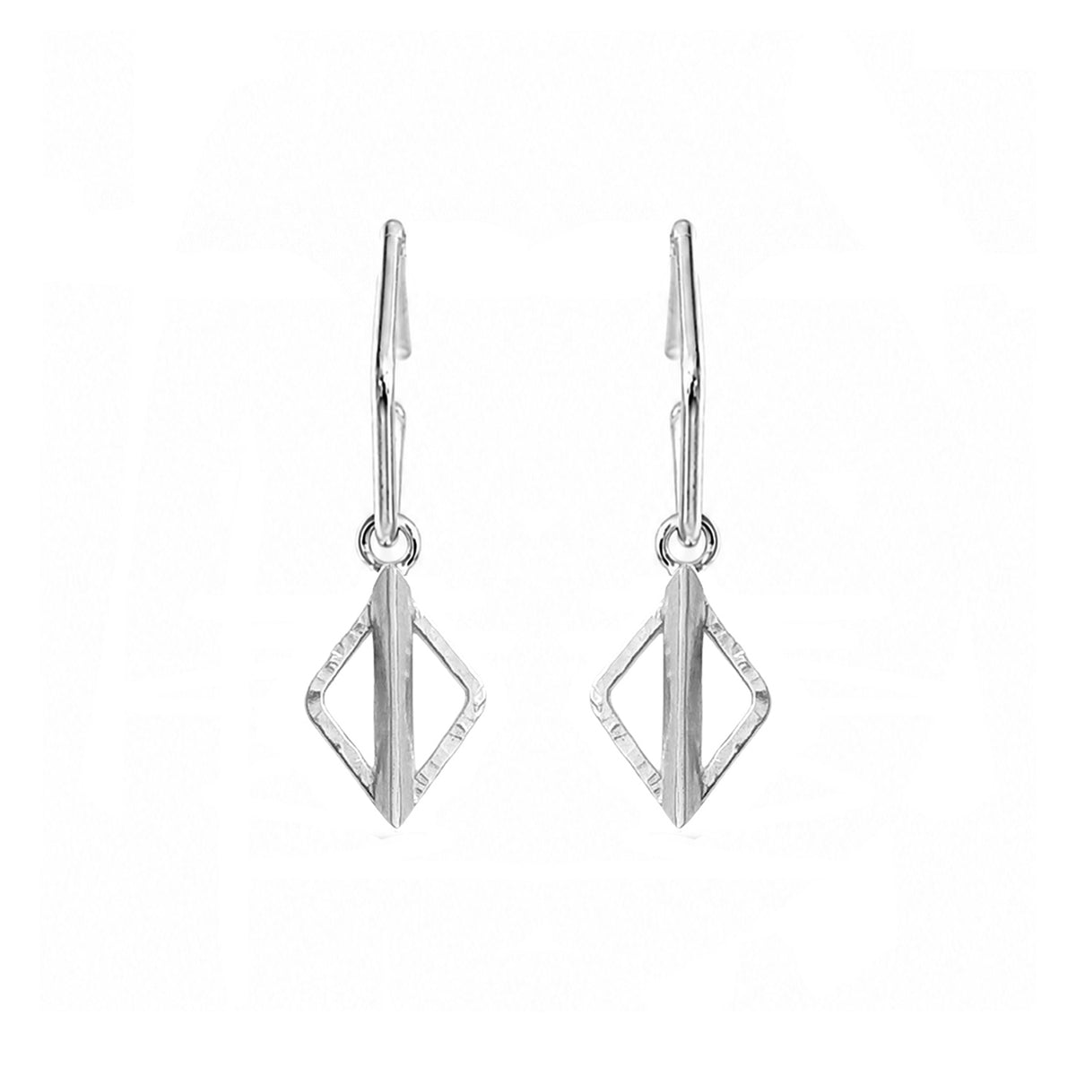A pair of silver geometric drop earrings with a textured diamond-shaped pendant and leverback hooks, shown against a plain white background.