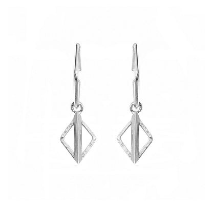 A pair of silver geometric drop earrings with a textured diamond-shaped pendant and leverback hooks, shown against a plain white background.