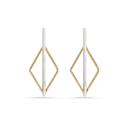 gold and silver rhombus halo and bar post earrings