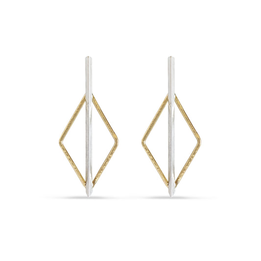 gold and silver rhombus halo and bar post earrings