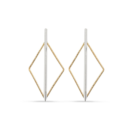 large silver and gold rhombus halo and bar post earrings