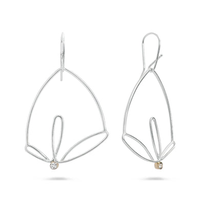Pair of silver leaf-shaped earrings on a white background
